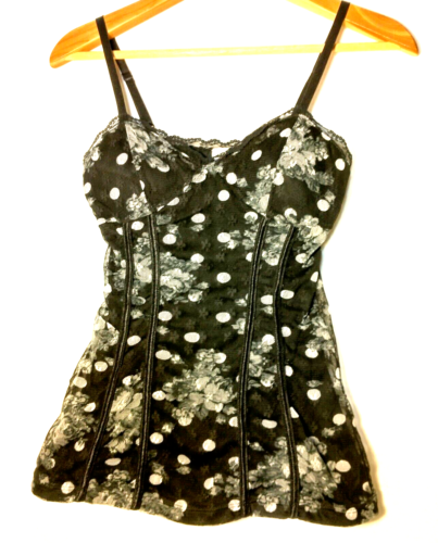 Vintage Y2K No Boundaries Small Baby Tank Top Shirt Black Floral Polka Dot NOBO