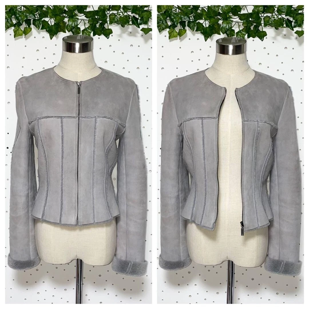 Giacca CHANEL vintage Mouton in pelle senza colletto taglia 40 grigia donna