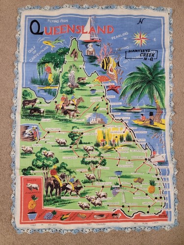 Rare Vintage Linen TEA TOWEL -Queensland Retro Print Crocheted Edging
