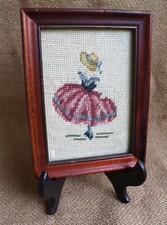Adorable Small Vintage Needlepoint  Wooden Frame Young Girl in Dress & Hat SALE!