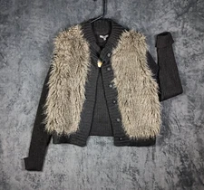 Premise Cardigan Women XL Gray Shaggy Faux Fur Knit Sweater Layered Statement