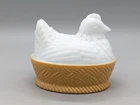 Vintage Avon Chicken Hen On A Nest Milk Glass Tan 1973 Candy Trinket Dish