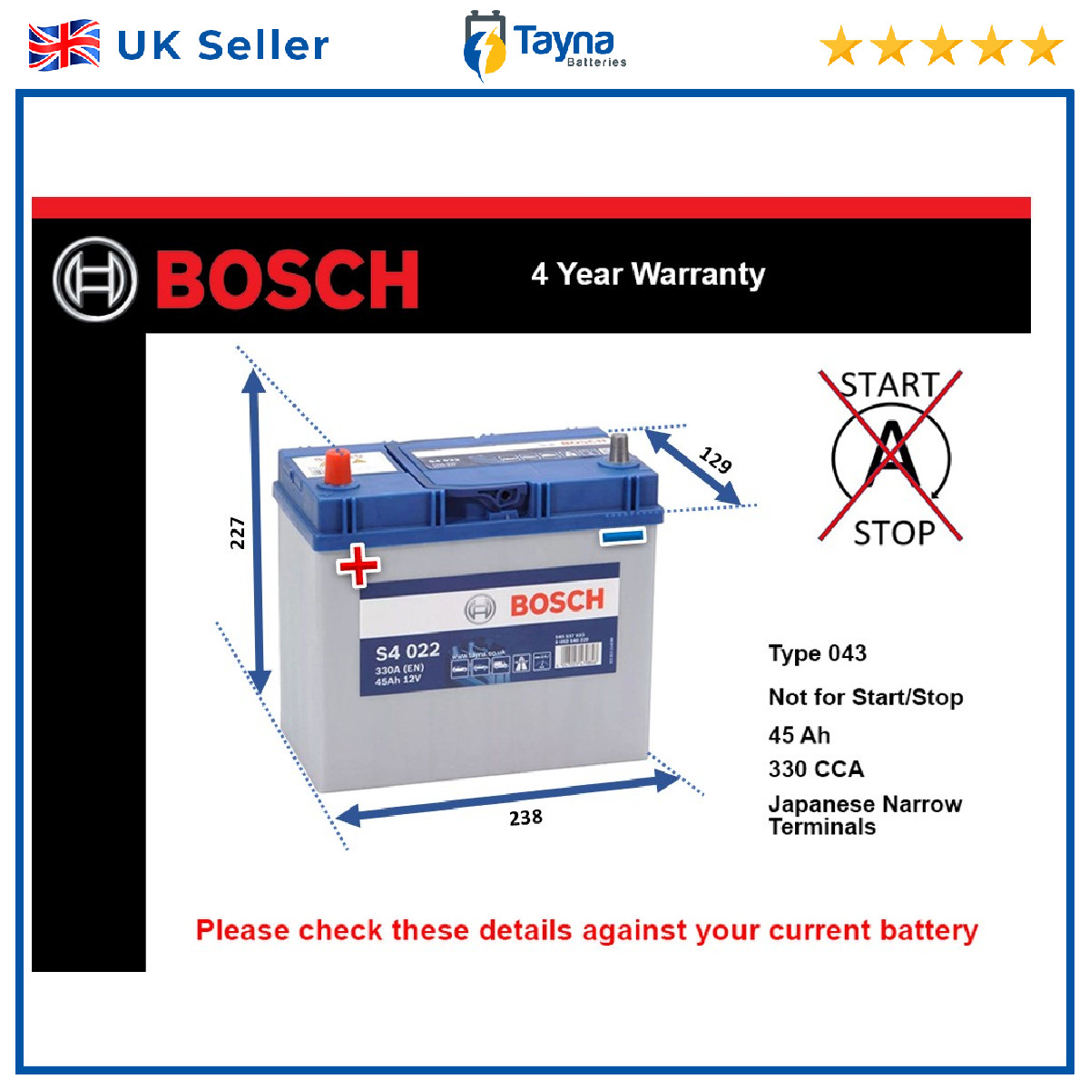 Battery fits TOYOTA COROLLA 1.3 1.4 1.6 1.8 1992 on Bosch 043 330A 45Ah Quality