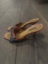 Louis Vuitton Vintage Monogram Denim Red Leather Heeled Sandals Mules Size 40