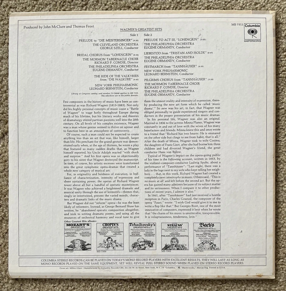 WAGNER's - Greatest Hits LP 1969 Columbia MS7511 stereo Vinyl * /Near MINT - Image 2 of 4