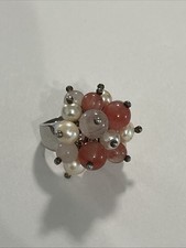 Vintage Sterling Silver Cultured Pearl and Pink Beaded Ring Size 6  B 