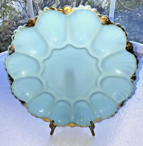 BLUE DELPHITE GOLD RIM EGG PLATE DISH 12 SECTION VINTAGE FIRE KING EASTER