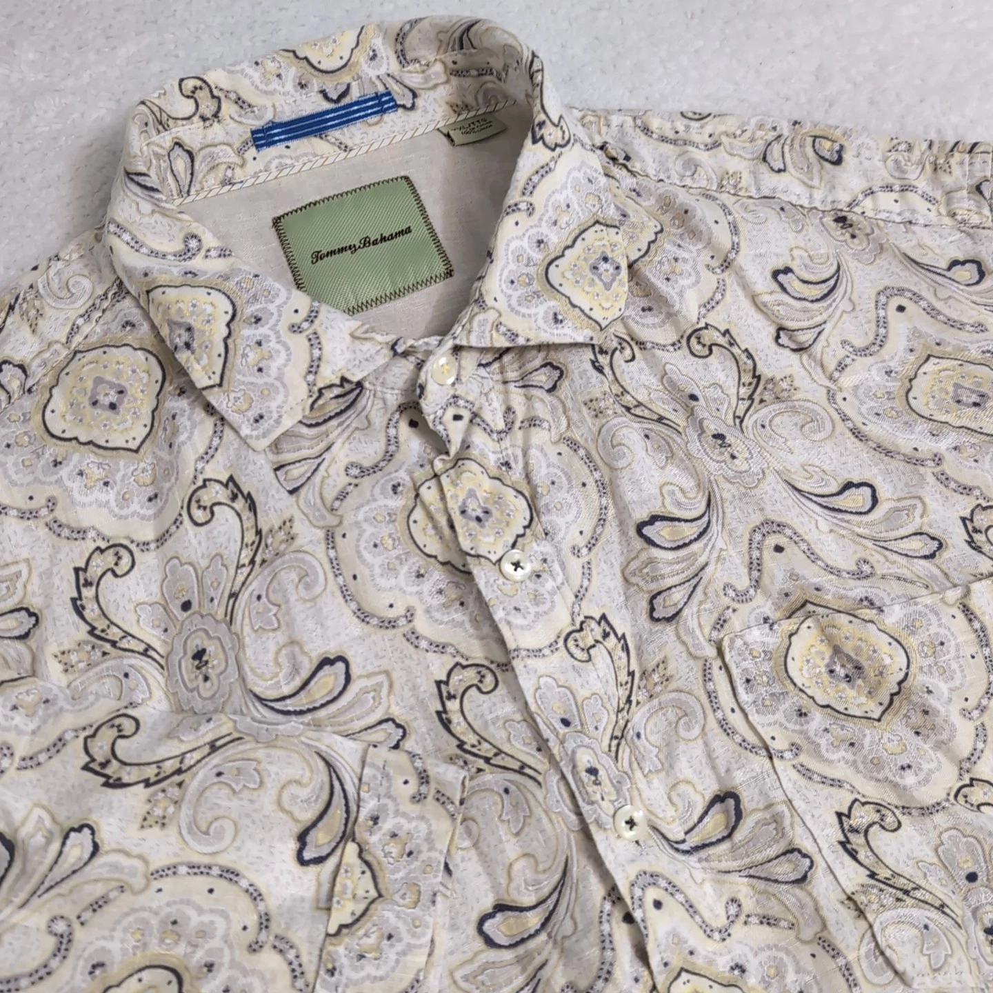 Tommy Bahama Shirt Men's 2XL Paisley-Like AOP Short Sleeve 100% Linen Beige