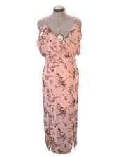 Pink Floral Simulated Wrap Maxi Dress Ruffle Bodice & Front Slits - Size 18
