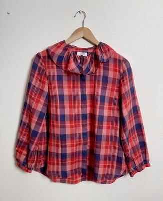 TOAST Cotton Ruffle Frill Shirt Blouse Red Pink Plaid UK 8