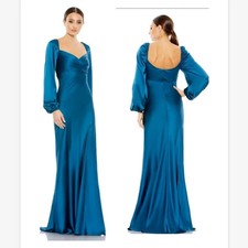 Ieena Mac Duggal Ocean Blue Sweetheart Neck Puff Sleeve Satin Gown Size 14 298