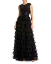 Ieena Mac Duggal Black Sequin Tulle Ruffle Tiered Gown Size 8 498 Formal