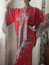 Vtg 1970s Cotton Dashiki Bell Angel Sleeve Ethnic Kaftan Maxi Dress Boho O/S
