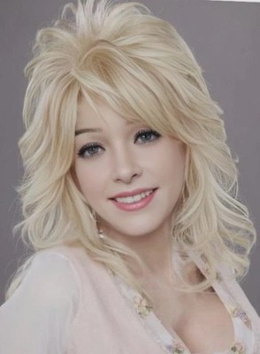 Dollys Partons Short Fluffy Wavy Layered Blonde Mix Synthetic Hair Wigs Women
