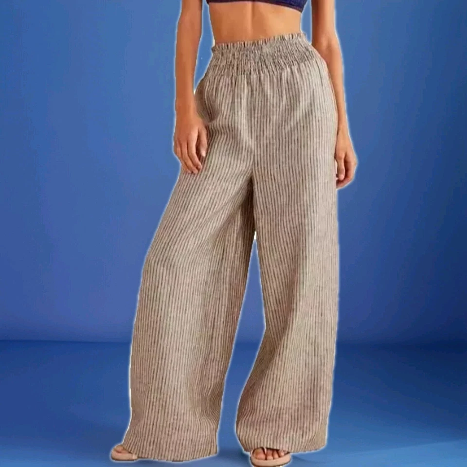 Boden Pants size 4 Linen Wide Leg High Rise Trouser Long Palazzo Shirred Waist