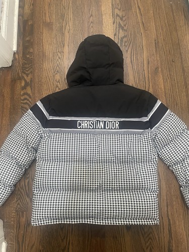 Christian Dior M Mid-Length Hooded Puffer Jacket Houndstooth Zip Logo