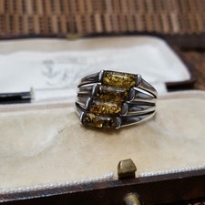 925 Sterling Silver Ring, Genuine Baltic  Amber, Olive Amber, Size R.5 US 8.75 