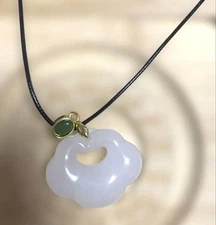 White Jade Cloud Pendant with Green Stone - Handmade Jewelry