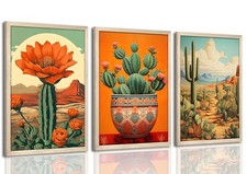 Wood Framed Mexican Cactus Wall Art Set of 3, Vintage Desert Botanical Canvas...