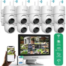 Wireless Security Camera System Outdoor 10CH NVR 12'' Monitor CCTV Wifi PTZ 1TB