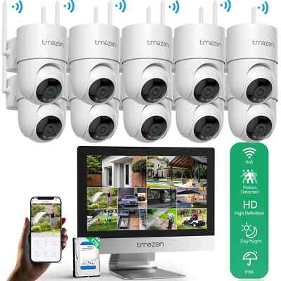 3MP 12inch Monitor 10Ch NVR  WiFi Security Camera System 64GB HDD Waterproof Lot