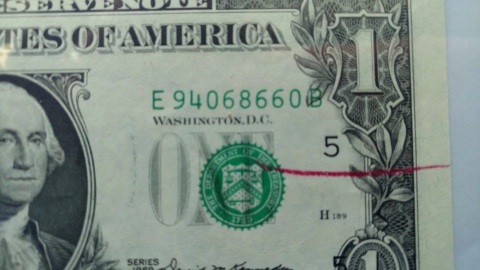 1969 $1 BILL FRN ERROR NOTE WITH RED REJECT MARK PMG 58 EPQ. - Image 4 of 4