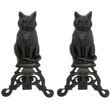 Cat Cast Iron Fireplace Andirons - Black