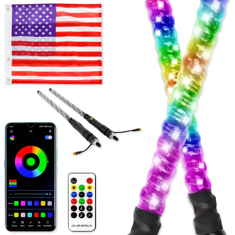 Antena de látigo LED espiral iluminada de 2 pies + bandera de Estados Unidos para Polaris Ranger Crew XP 1000 900 Foto 4 de 4