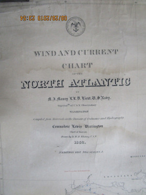 Vtg Antique 1852 Wind & Current Chart  North Atlantic By M.F. Maury Map