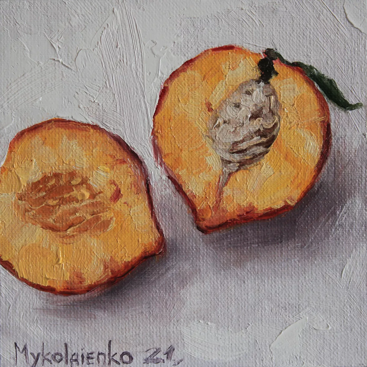 Peach oil painting Original peach art Fruit Still Life Tiny Kitchen Art 4x4 in