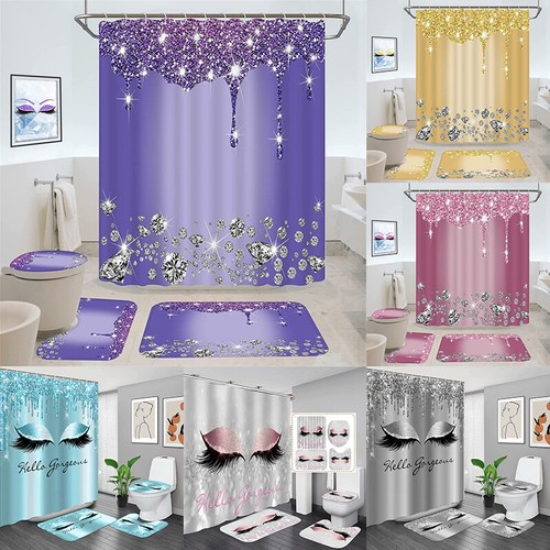 4pcs Shower Curtain Waterproof,BathMat,Toilet Lid Cover Set Shiny