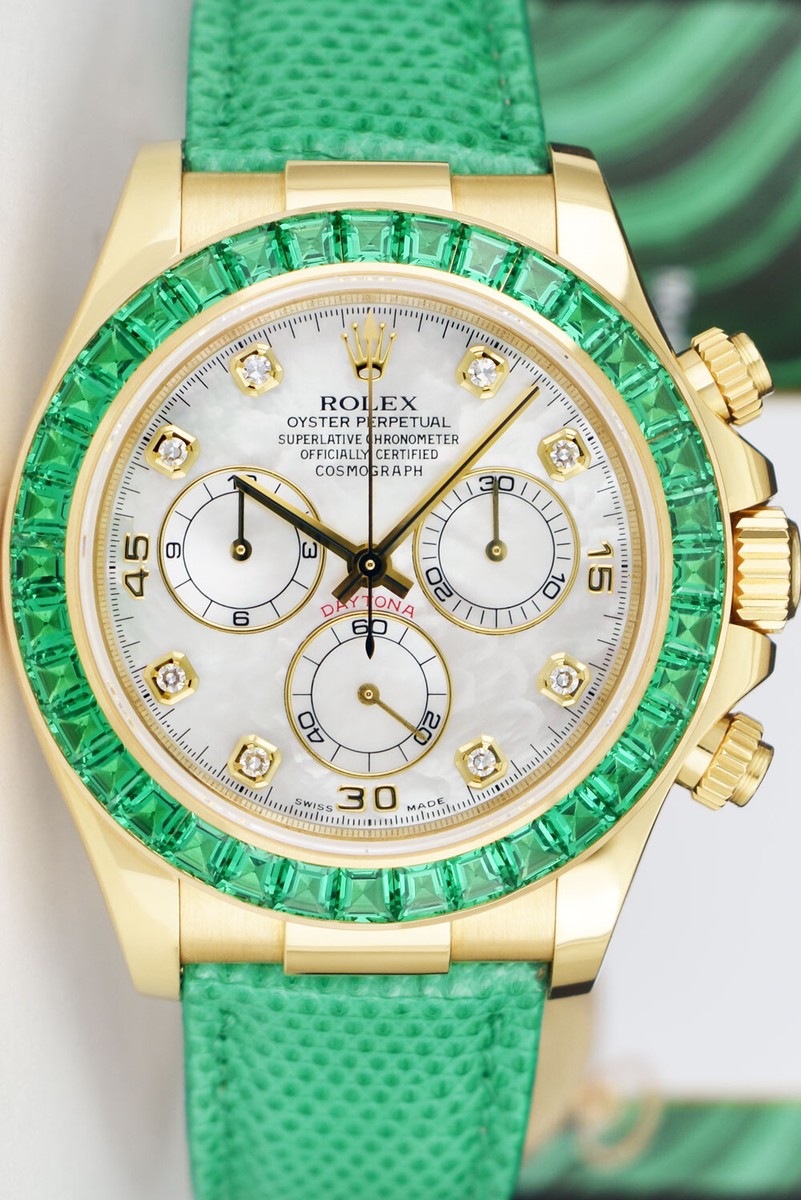 ROLEX 18kt Gold DAYTONA MOP Dial Baguette Bezel Green Strap