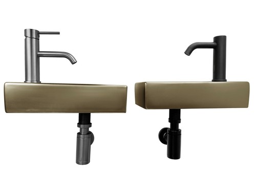 Small WALL HUNG Matte Gold Basin vanity powder w Black pop up plug bottle trap - Picture 2 of 12