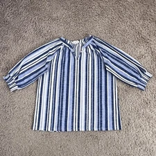 JOIE DE VIVRE Blue White Striped V-Neck 3/4-Sleeve Boho Peasant Top Womens S