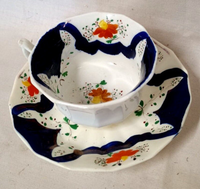 #8 Gaudy Welsh Hand Painted Cobalt Gold & Orange Floral Teacup & Saucer