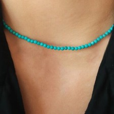 Natural Blue Turquoise 3mm Beaded Choker Healing Women Crystal Necklace Gifts