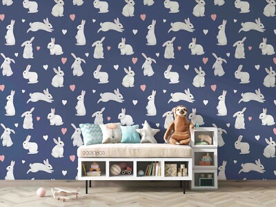 3D Rabbit Heart Watercolor Pattern Self-adhesive Removable Wallpaper Murals