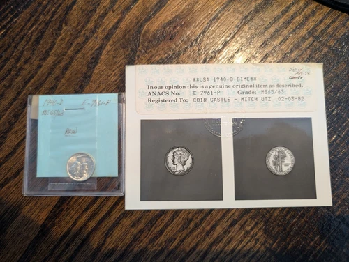 1940-D Mercury Dime 10c ANACS MS65/MS63 Old Photo Grade Holder