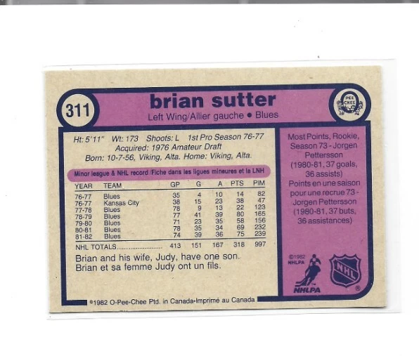 1982-83 O-Pee-Chee #311 Brian Sutter NMMT - Image 2 of 2