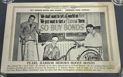1942 Illustrated Current News ''Pearl Harbor Heroes Boost Bonds'' Print