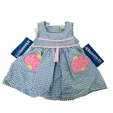 Vintage Baby 12 months Blue Gingham Sleeveless Dress with Bloomers Lady Bug