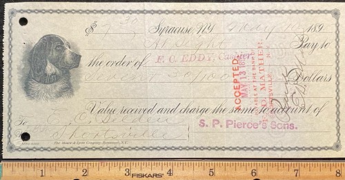 1895 {{LARGE}} **S. P. PIERCE'S SONS** SYRACUSE, N.Y. BANK CHECK+"DOG" VIGNETTE! - Picture 2 of 12
