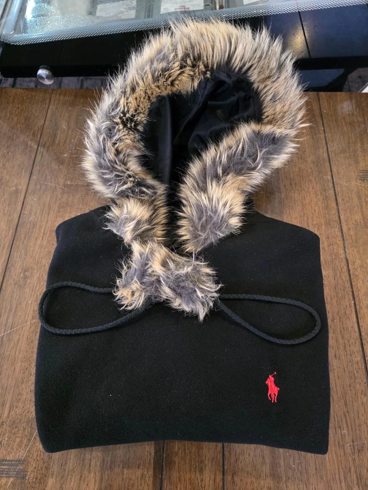 Polo Ralph Lauren Black Fur Trim Poncho Cape One Size Logo Wool Blend