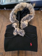 Polo Ralph Lauren Poncho Cape schwarz Fellbesatz One Size Logo Wollmischung