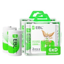 EBL D Battery D Size Rechargeable Batteries 10,000mAh Ni-MH, Pack of 6 D