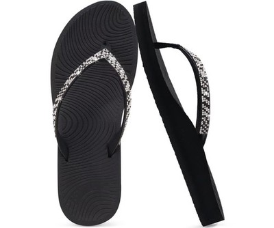 Women's Rhinestone Flip Flops with Arch Support, Black, Size 9