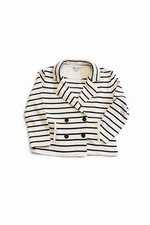 Boston Proper Women s Striped Double-Breasted Blazer Jacket Size L Navy Cream