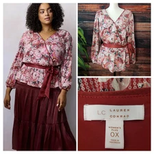 LC Lauren Conrad Plus Size 0X Sequin Puff Sleeve Wrap Top Blouse Belted Floral