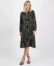 T Tahari Button-Front Long-Sleeve Dress Women's M Black/Gold Printed V-Neck