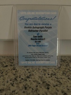 Topps Chrome 2025 MLB Cam Smith RC Purple Refractor Autograph /250 Redemption